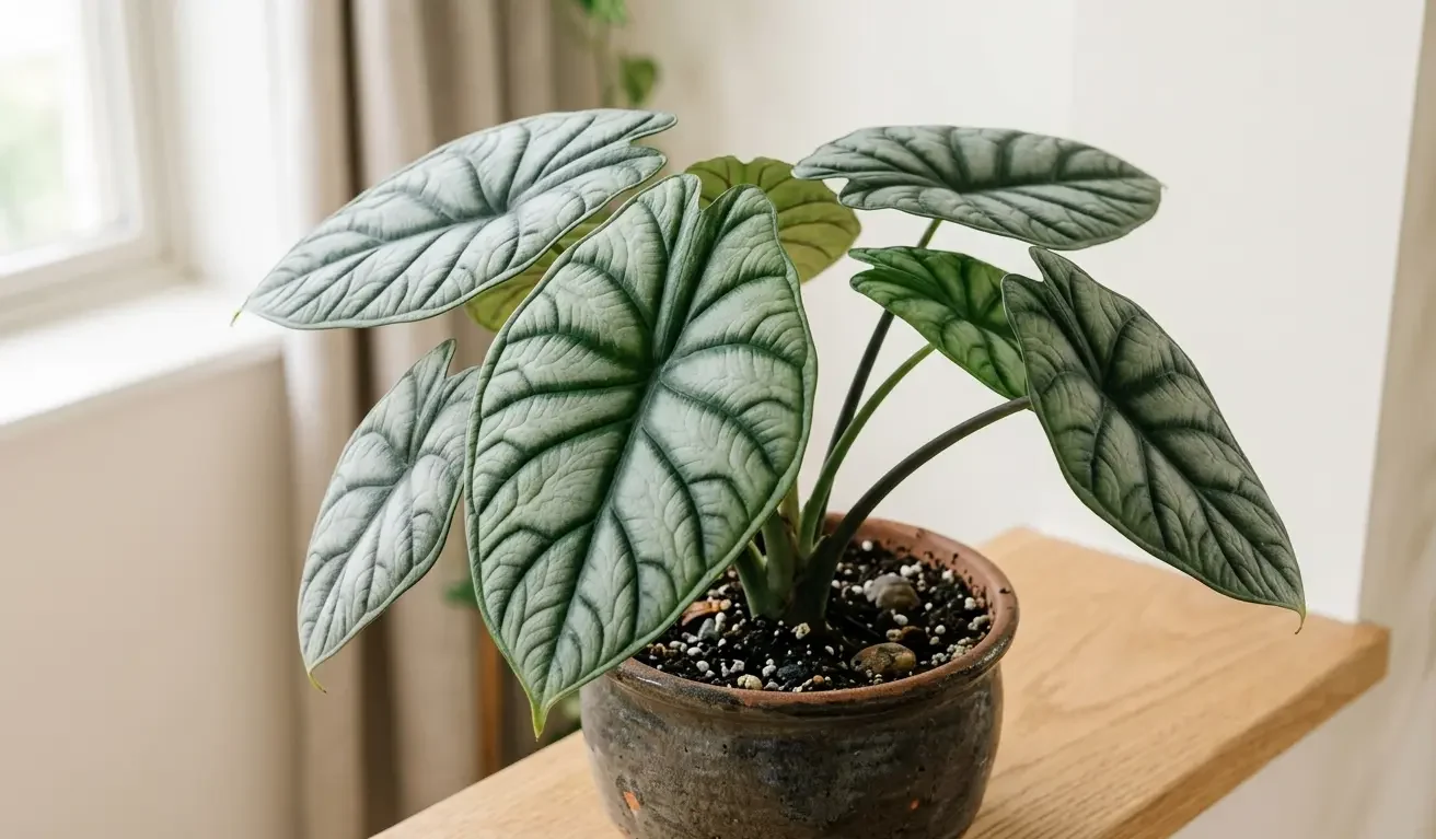 Alocasia Dragon Scale with textured scale-like silvery-green leaves