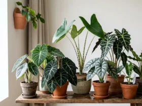 Collection of different Alocasia varieties with dramatic patterned leaves