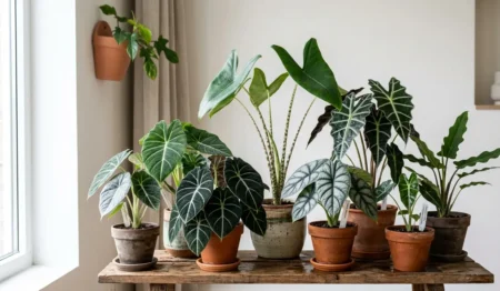 Collection of different Alocasia varieties with dramatic patterned leaves