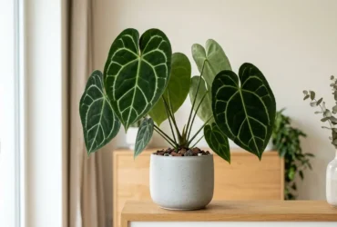 Anthurium clarinervium with dark heart-shaped velvet leaves and bold white veins