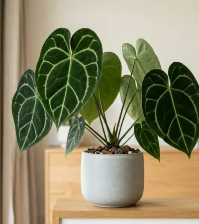 Anthurium clarinervium with dark heart-shaped velvet leaves and bold white veins