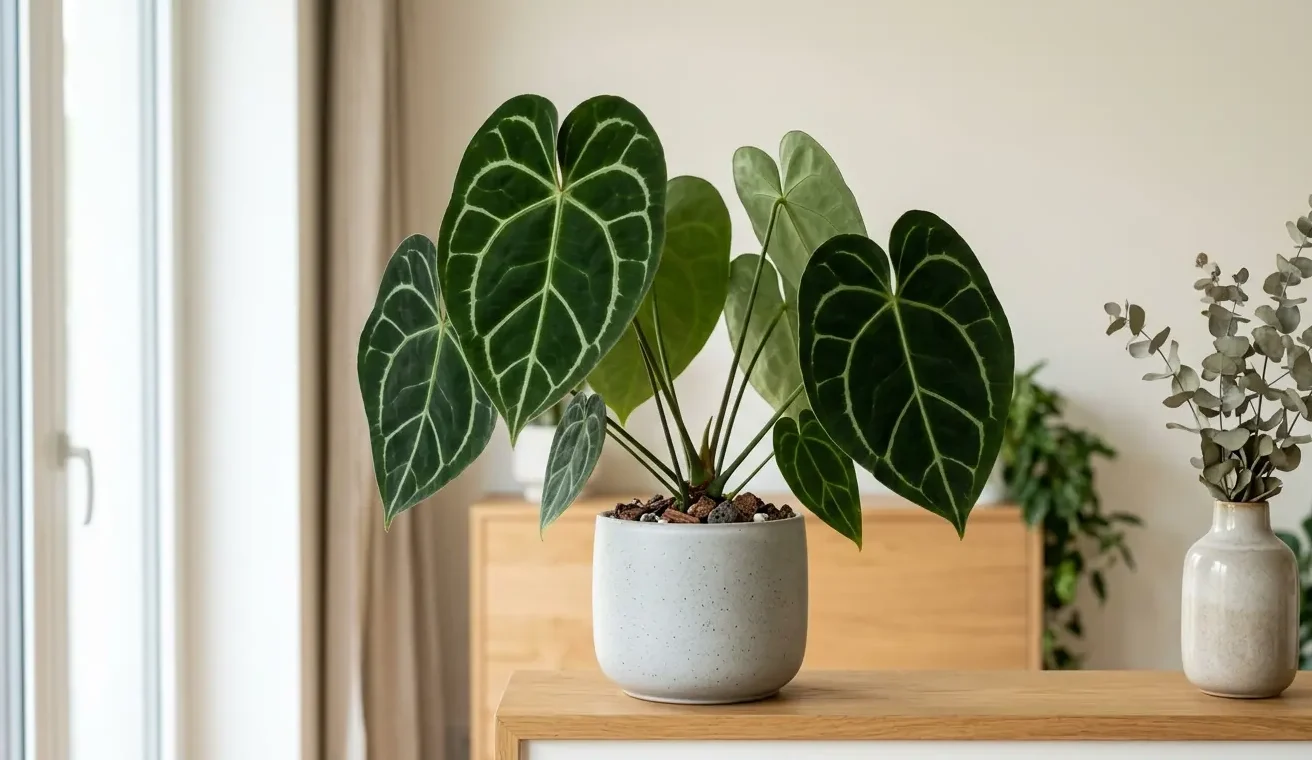 Anthurium clarinervium with dark heart-shaped velvet leaves and bold white veins