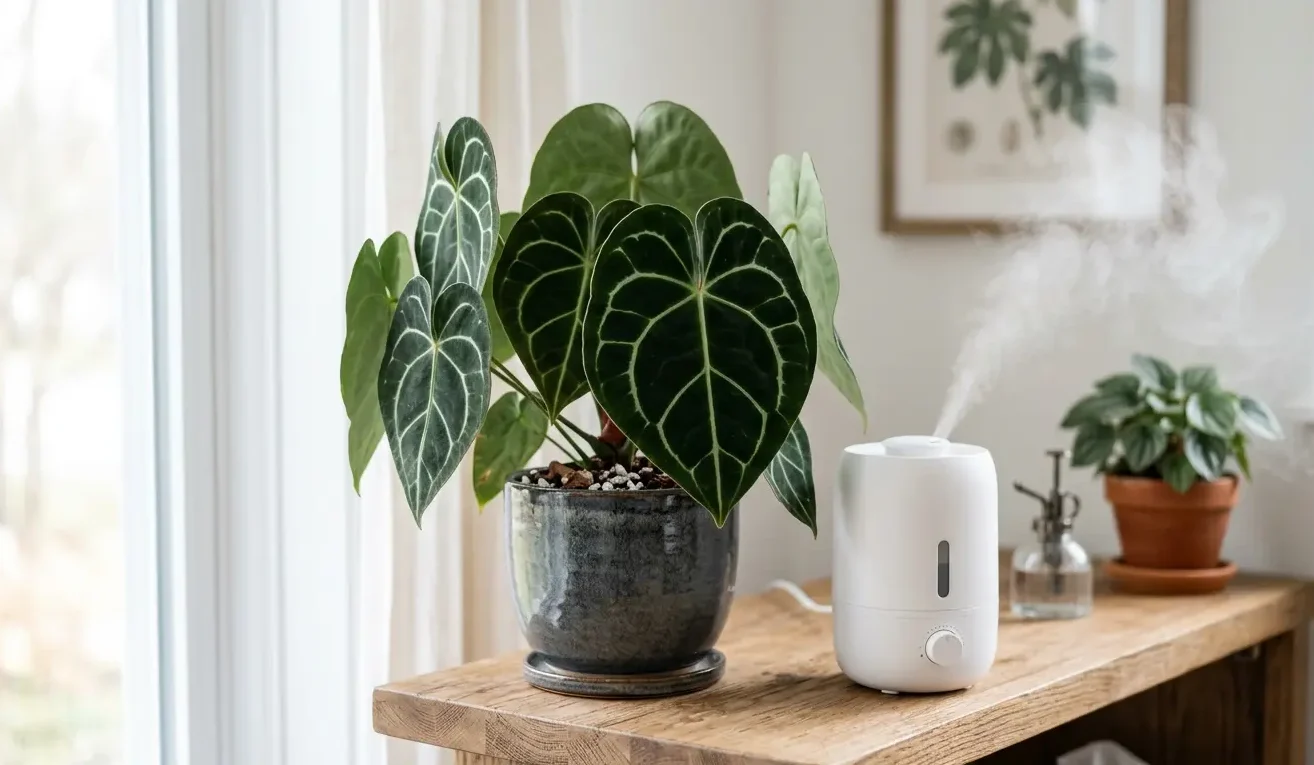 Anthurium clarinervium beside a humidifier in a bright room