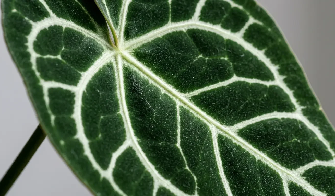 Close up of an Anthurium clarinervium leaf showing white veins and velvet texture