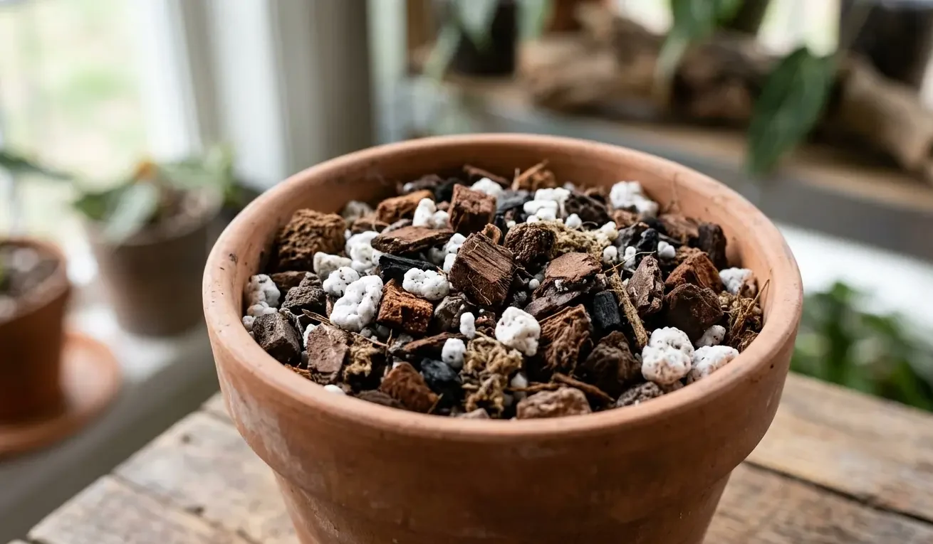 Chunky airy potting mix of orchid bark and perlite for an Anthurium clarinervium