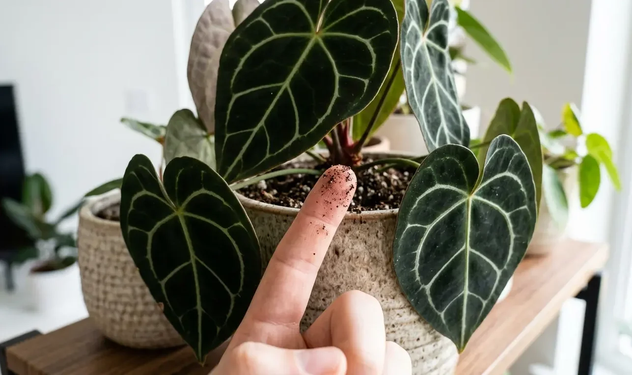 Checking the soil of an Anthurium clarinervium before watering