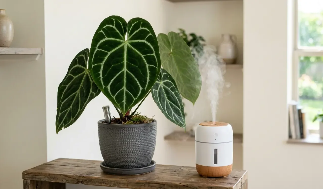 Anthurium crystallinum beside a humidifier in a bright room