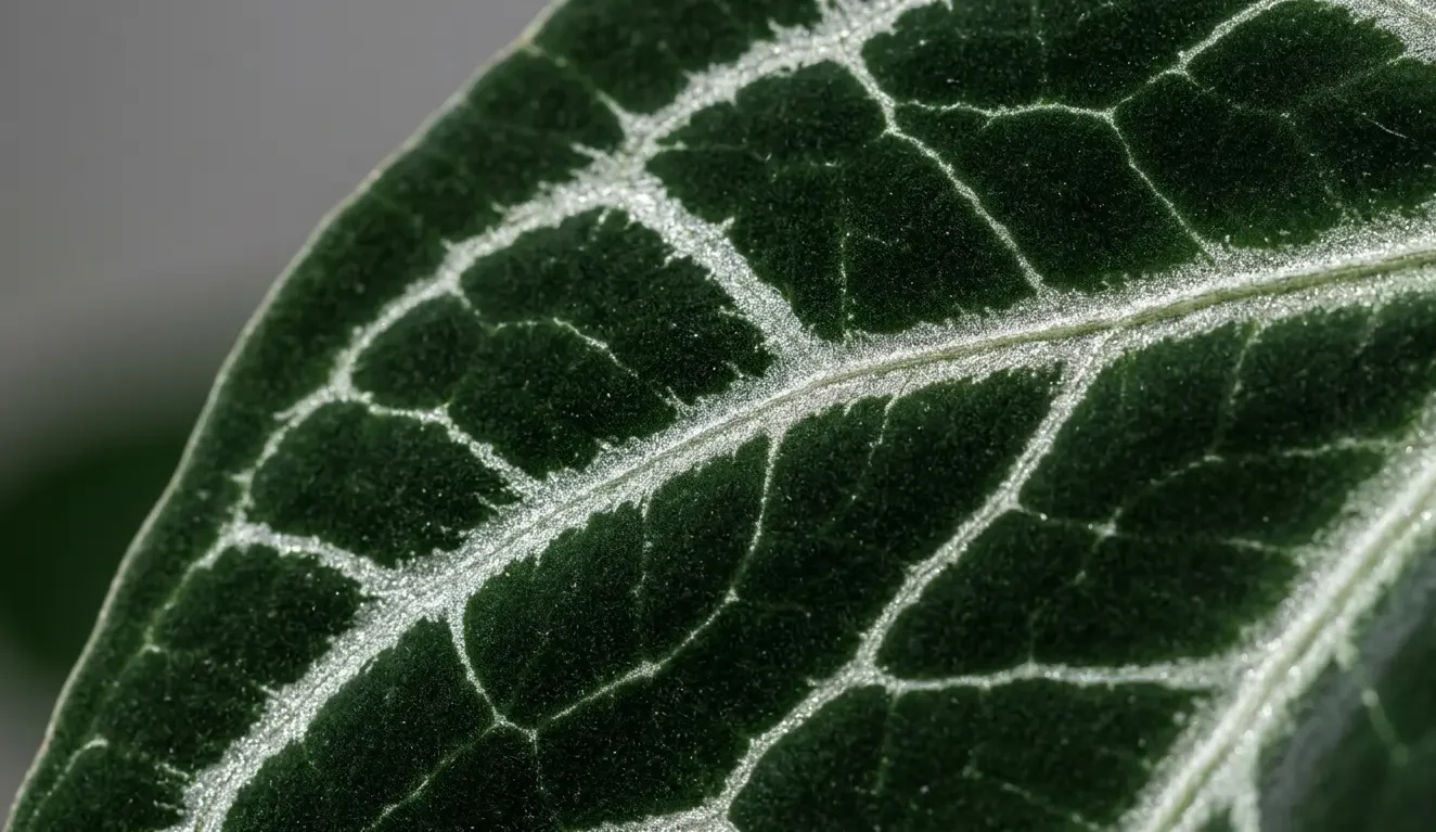 Close up of an Anthurium crystallinum leaf showing crystalline silver veins