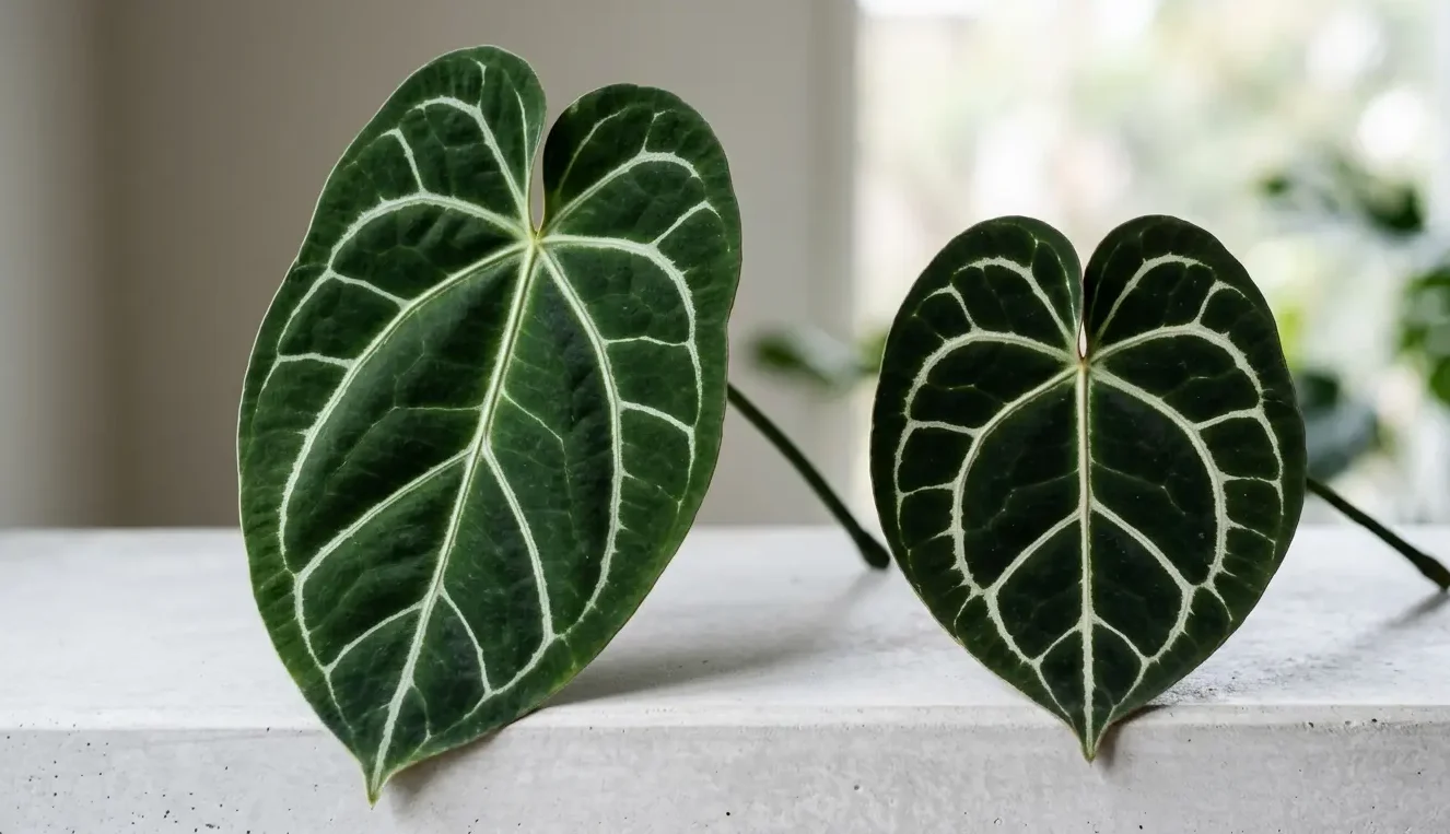 Close up of an Anthurium crystallinum leaf showing crystalline silver veins