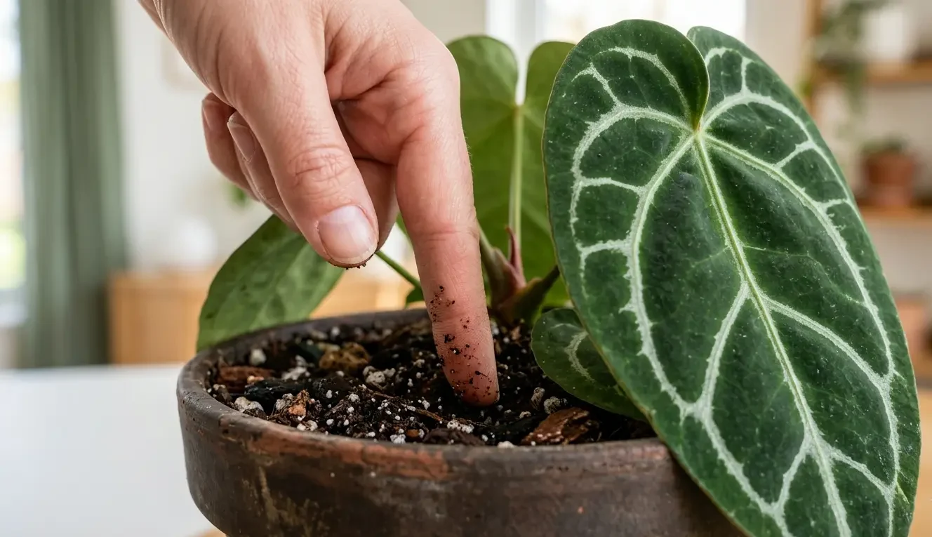 Checking the soil of an Anthurium crystallinum before watering
