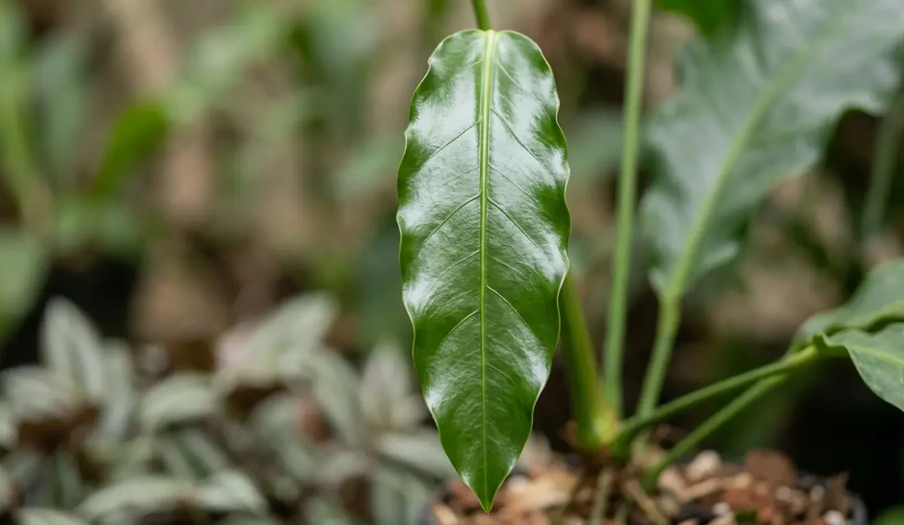 Close-up of a broad glossy strap-shaped Anthurium hookeri leaf