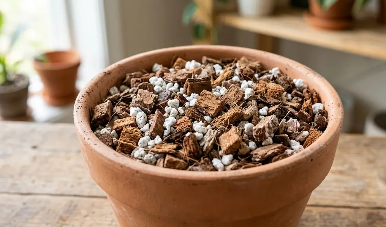 Chunky airy epiphyte potting mix of bark and perlite