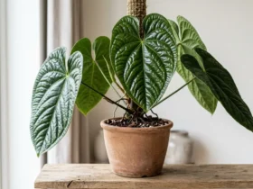 Anthurium luxurians with deeply quilted glossy dark green leaves