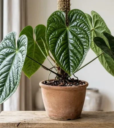 Anthurium luxurians with deeply quilted glossy dark green leaves