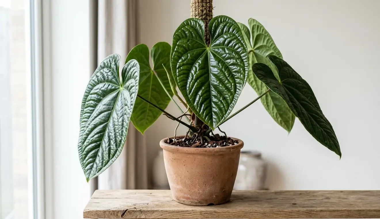 Anthurium luxurians with deeply quilted glossy dark green leaves