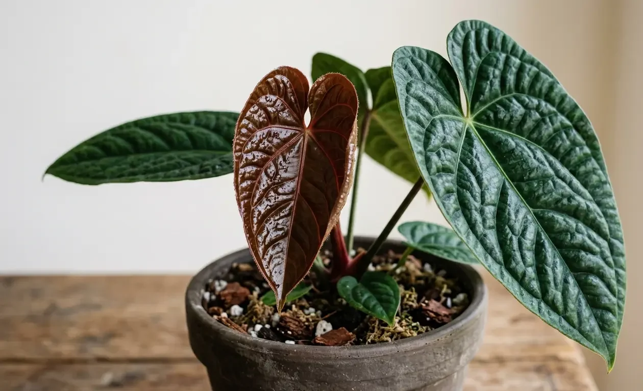 A new Anthurium luxurians leaf emerging in dark chocolate-bronze color