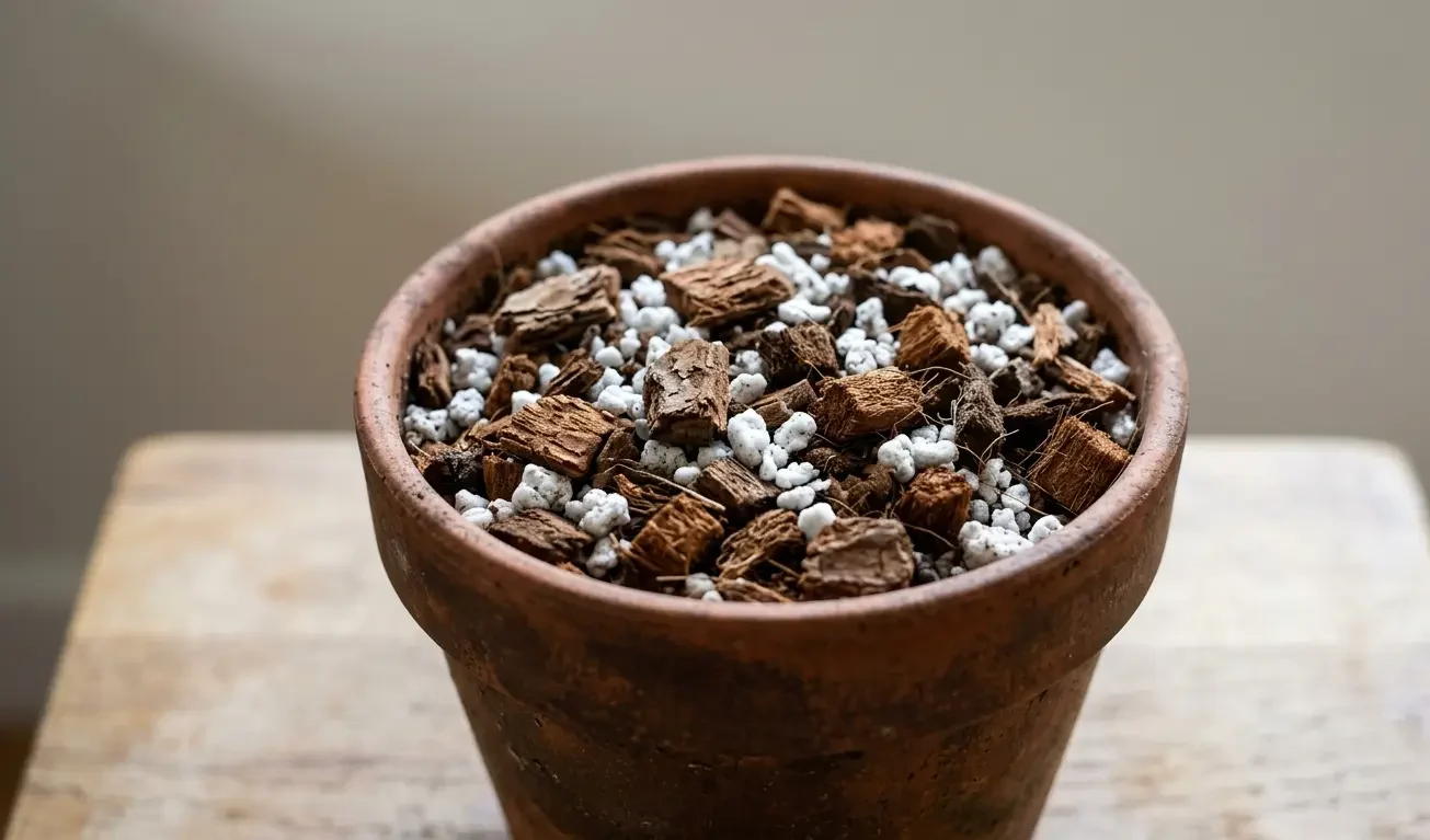 Chunky airy aroid potting mix of bark and perlite