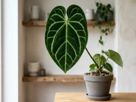 Anthurium regale with large velvety heart-shaped leaves and pale silvery veins