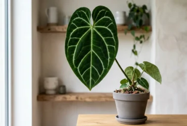 Anthurium regale with large velvety heart-shaped leaves and pale silvery veins
