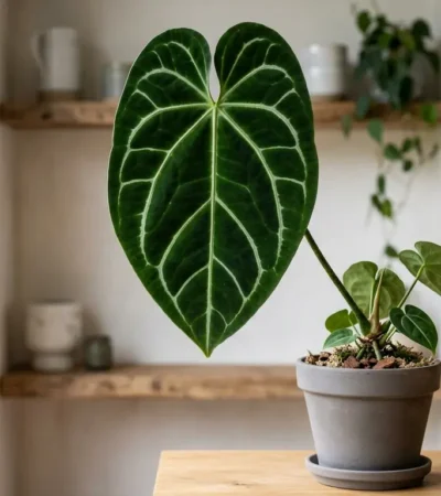 Anthurium regale with large velvety heart-shaped leaves and pale silvery veins
