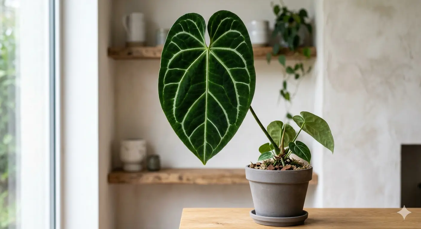 Anthurium regale with large velvety heart-shaped leaves and pale silvery veins