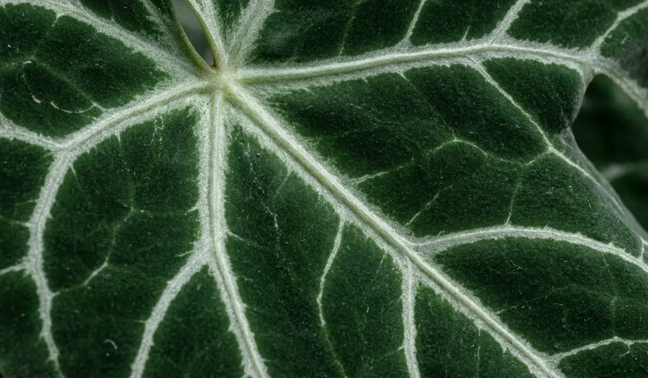 Close-up of the velvety Anthurium regale leaf with silvery-white veins