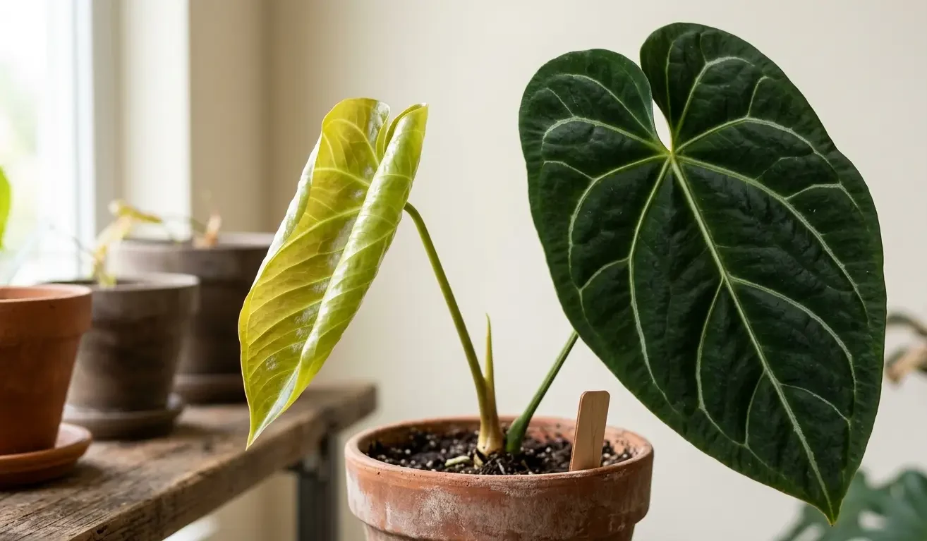 A new Anthurium regale leaf emerging golden-green