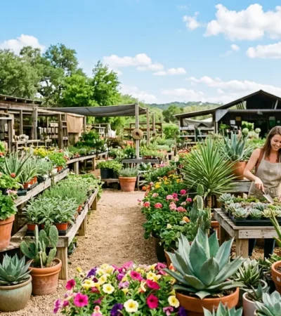 A bright open-air plant nursery full of plants in Austin, Texas