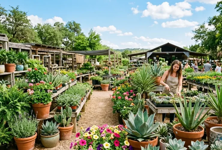 A bright open-air plant nursery full of plants in Austin, Texas