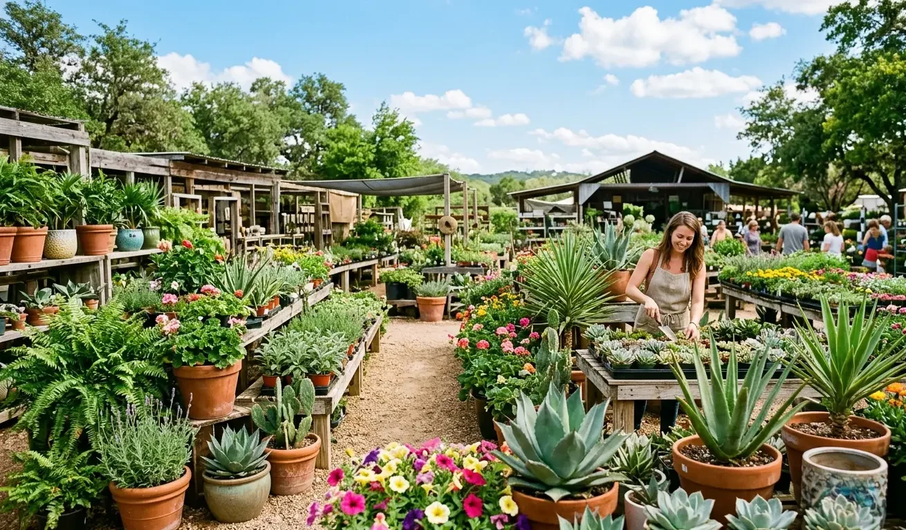 A bright open-air plant nursery full of plants in Austin, Texas