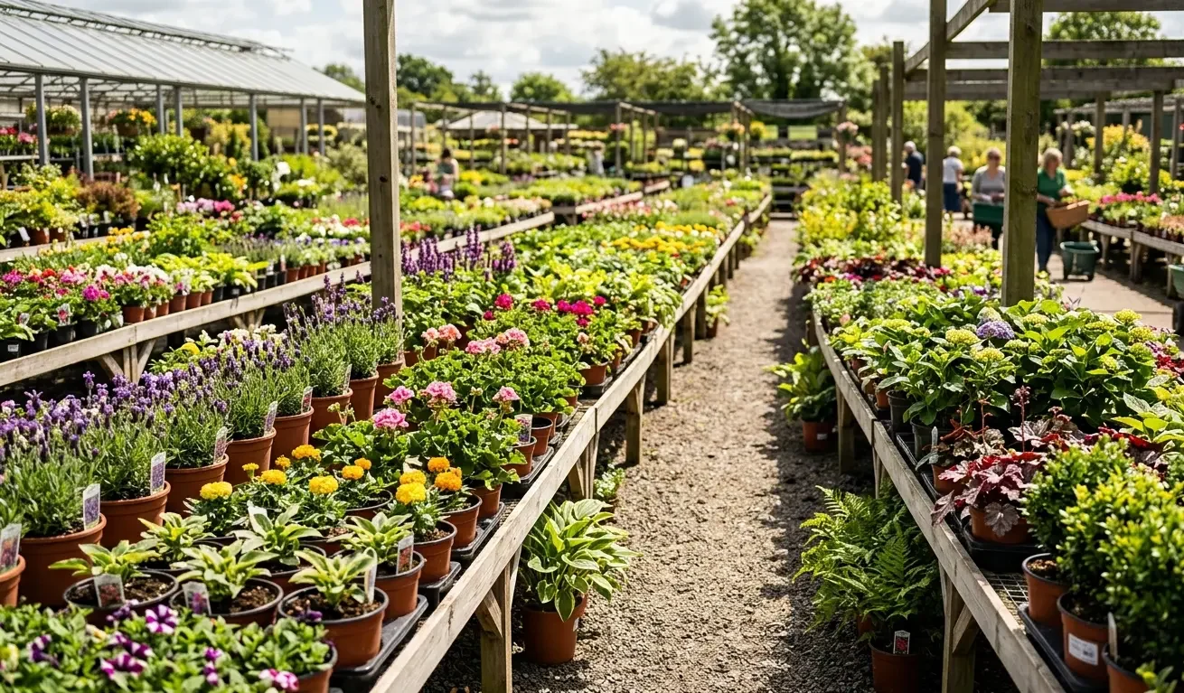Rows of healthy potted plants at an Austin garden center