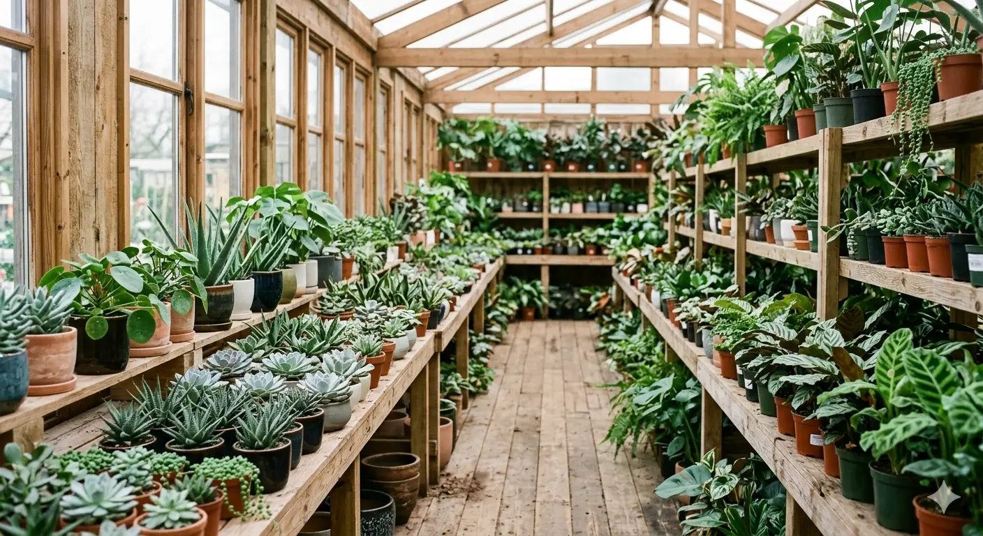 Indoor houseplants and succulents on display at a retail nursery