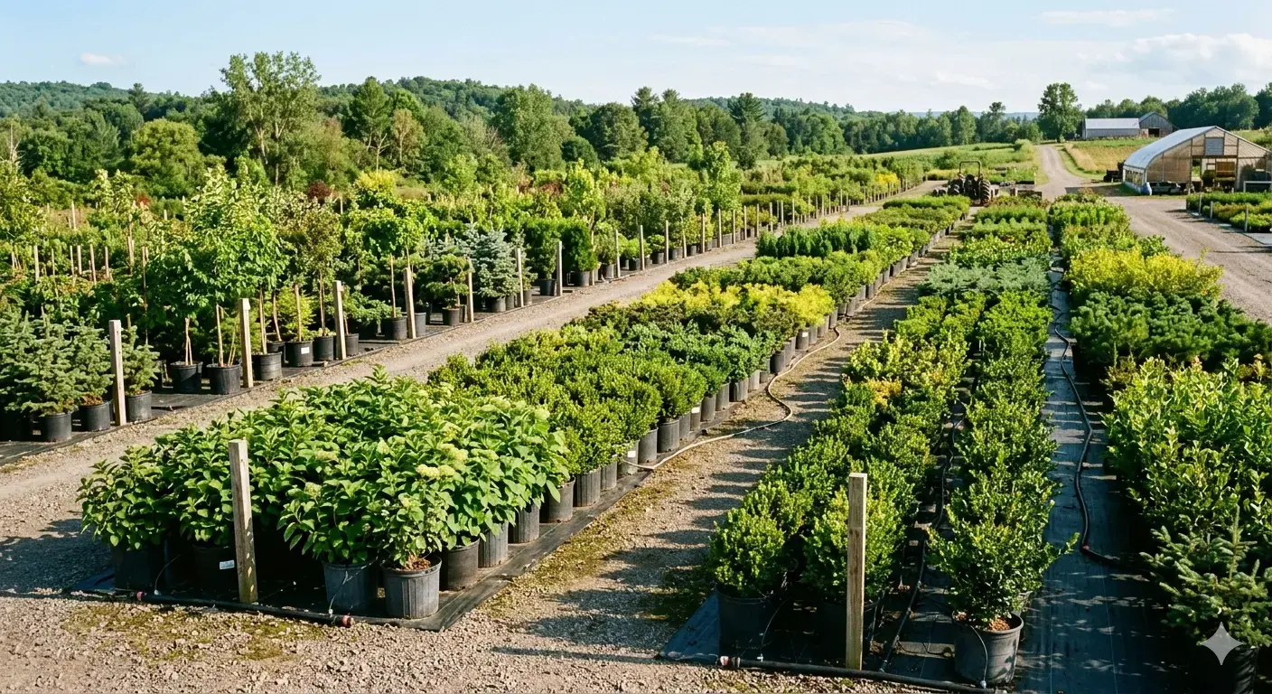 Outdoor yard with shrubs and trees at a New Jersey garden center