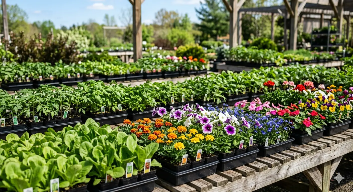 Vegetable seedlings and flowering annuals in a garden center