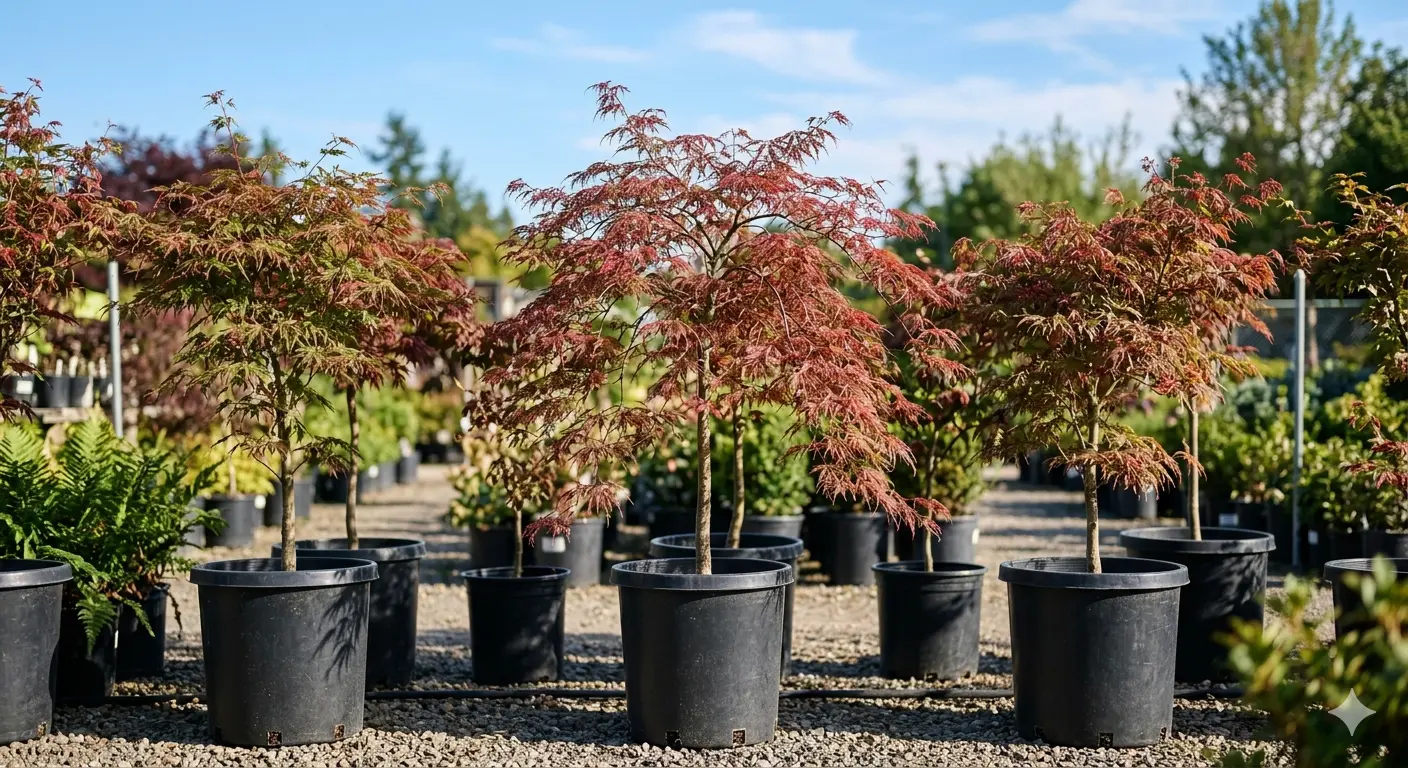 Japanese maple trees in nursery containers