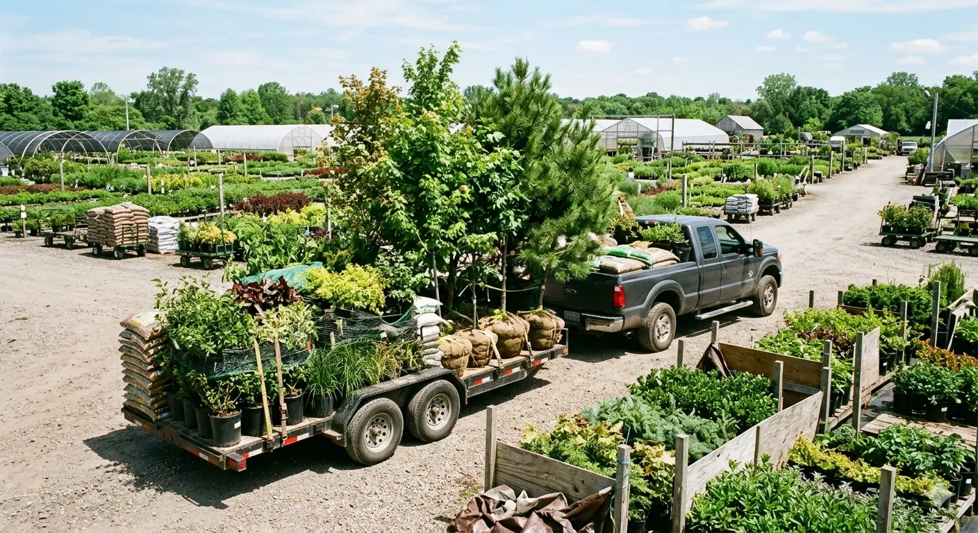 Stacked plants and trees being loaded for a landscaping project