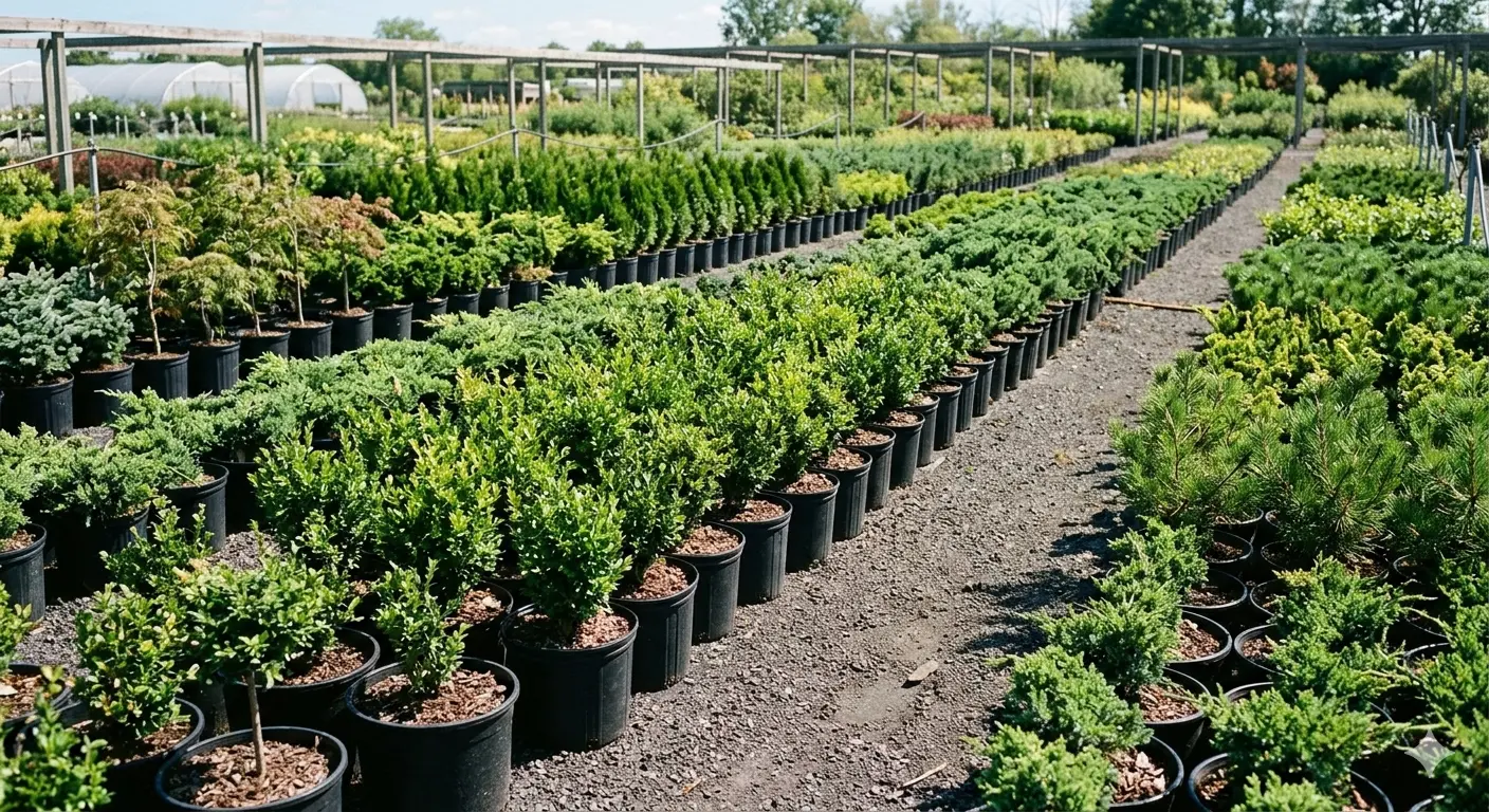 Wide rows of evergreens and shrubs in a north Georgia plant nursery