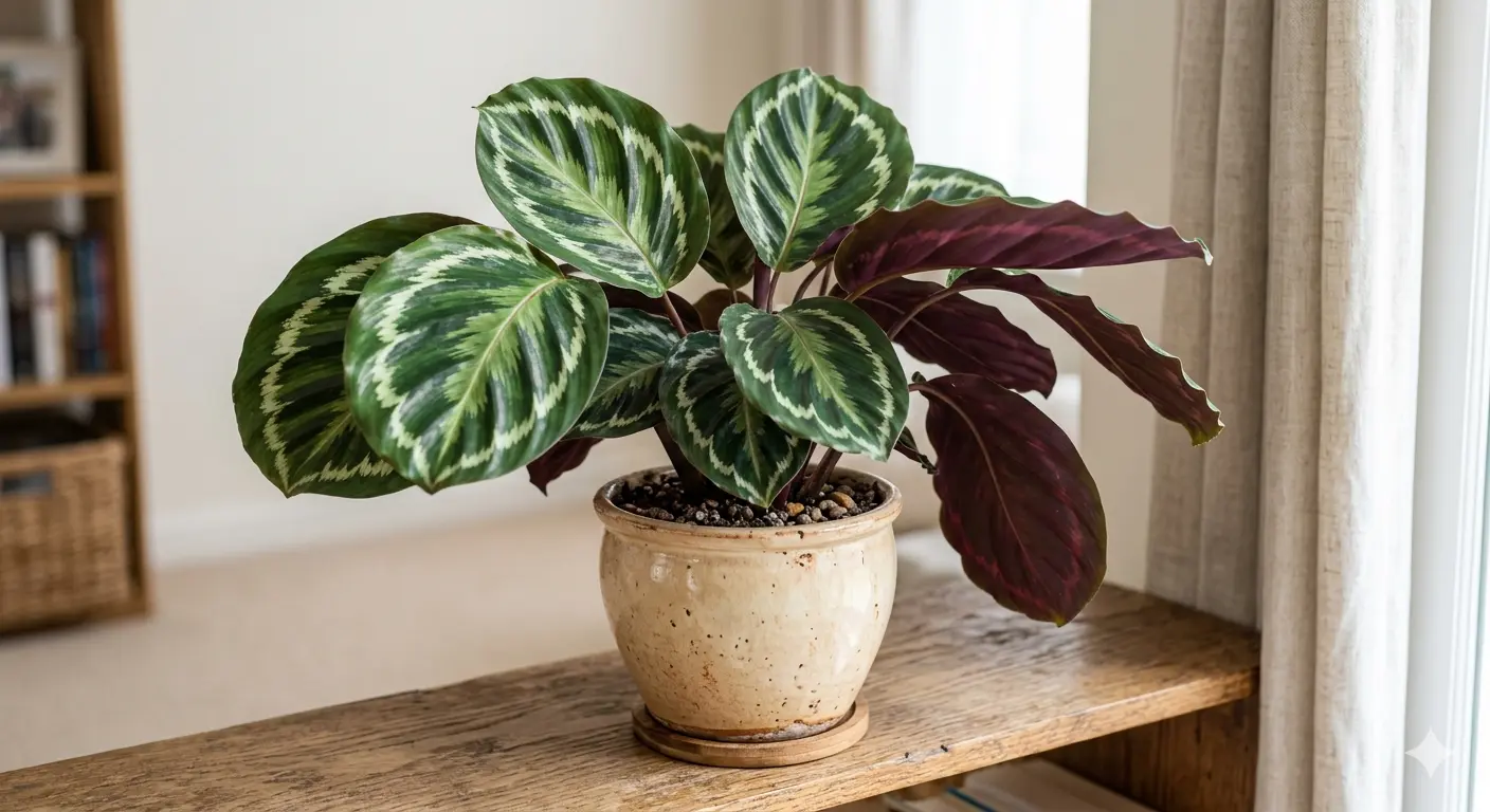Medallion Calathea with feathered concentric rings and purple undersides