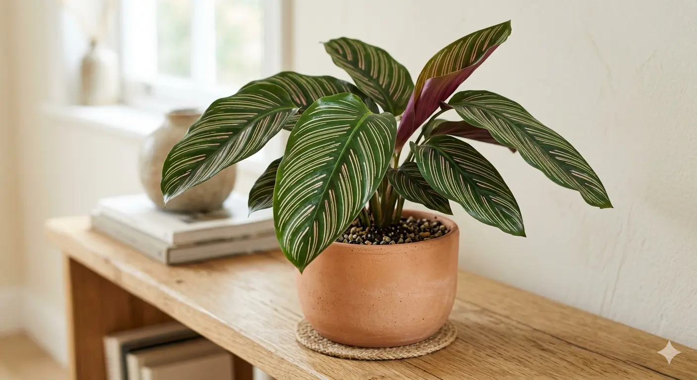 Pinstripe Calathea with thin pink stripes on dark green leaves