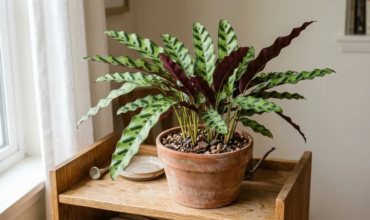 Rattlesnake Calathea with wavy spotted leaves and burgundy undersides