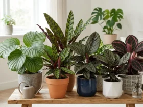 Collection of different Calathea varieties with patterned leaves