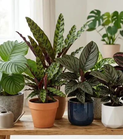 Collection of different Calathea varieties with patterned leaves