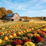 Pumpkin patch with orange pumpkins and colorful fall mums at a New Jersey farm