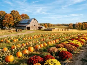 Pumpkin patch with orange pumpkins and colorful fall mums at a New Jersey farm