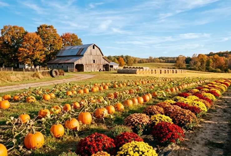 Pumpkin patch with orange pumpkins and colorful fall mums at a New Jersey farm