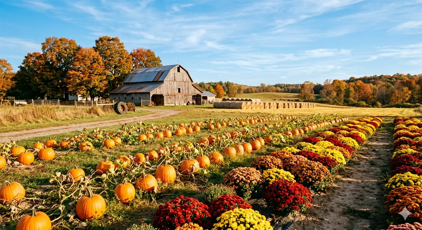 Pumpkin patch with orange pumpkins and colorful fall mums at a New Jersey farm