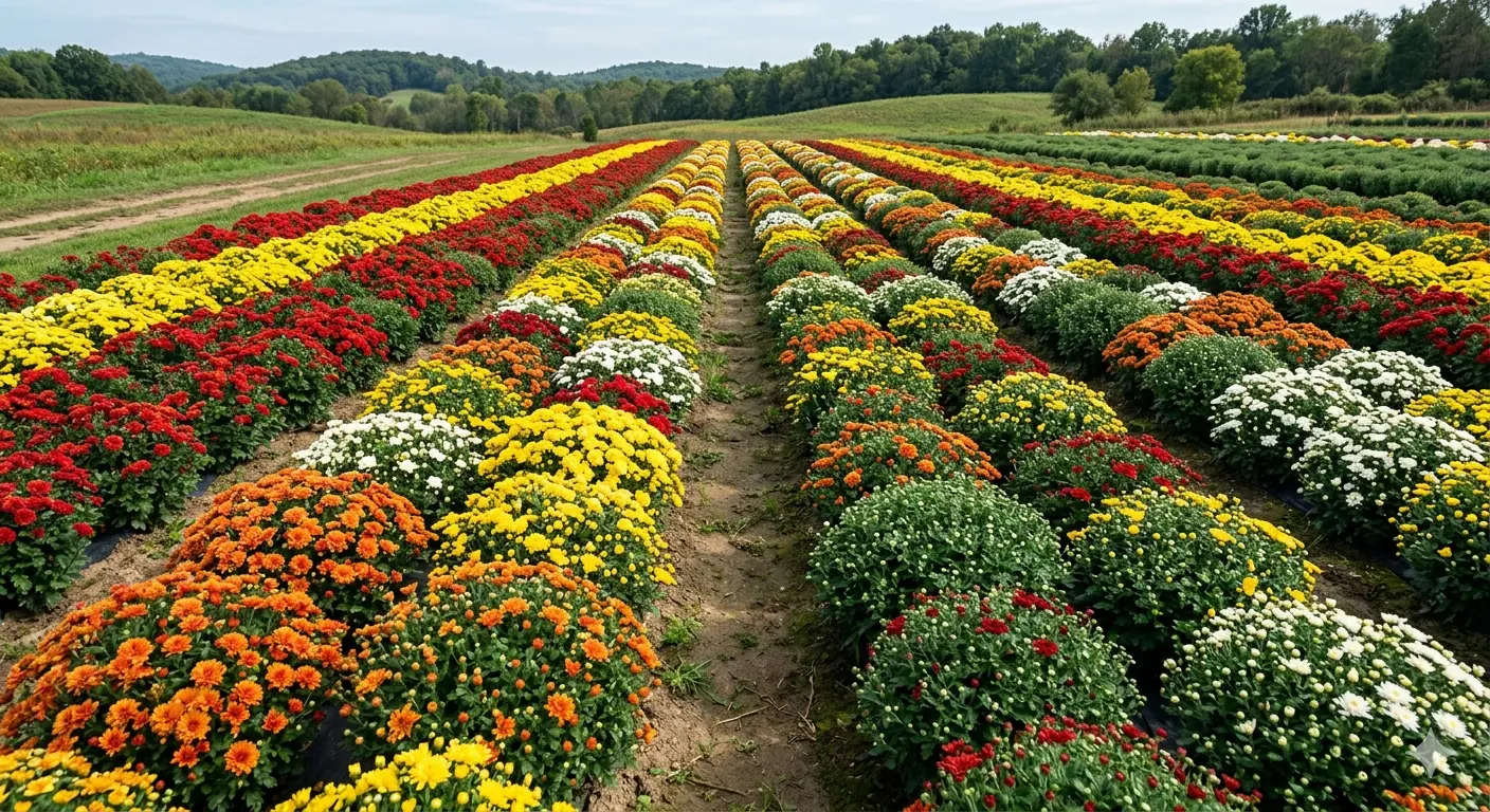 Rows of colorful chrysanthemum mums for sale at a farm market in fall