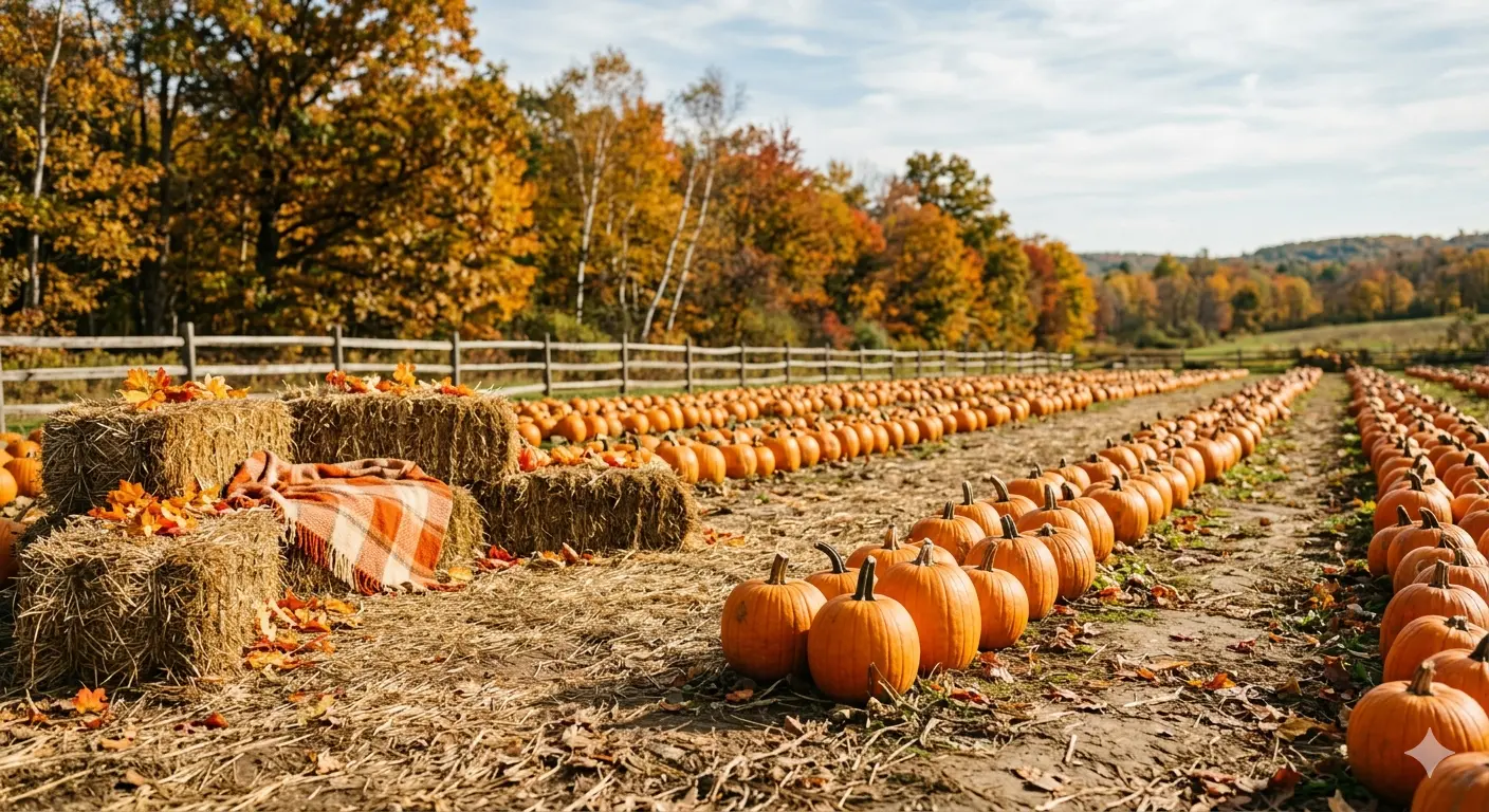 Children walking through a pumpkin patch on a sunny fall day