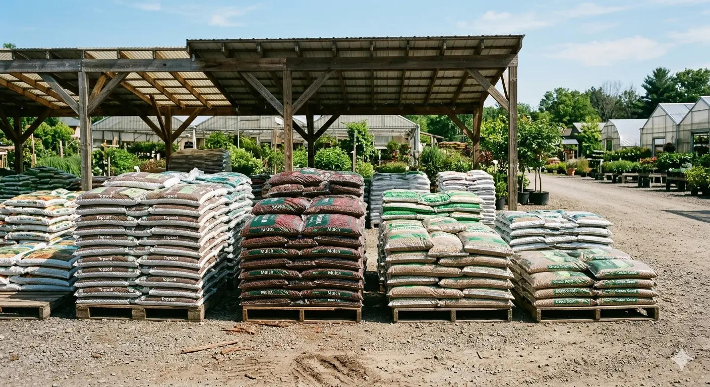 Bags of topsoil mulch and gardening materials at a garden center