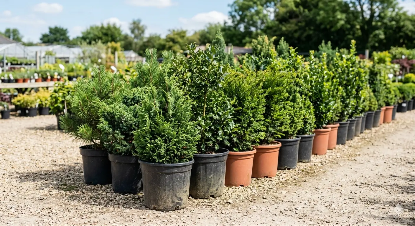 Evergreen trees and shrubs in nursery containers ready for planting